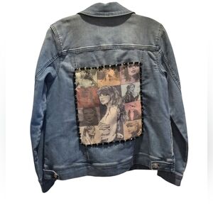 Custom Taylor Swift Upcycled Blue Denim Jean Jacket with Patchwork & Beads Sz 4